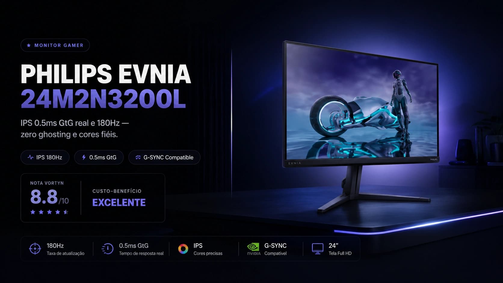 Philips Evnia 180Hz R$644: IPS 0.5ms que Elimina o Ghosting Onde VA Fica Para Trás