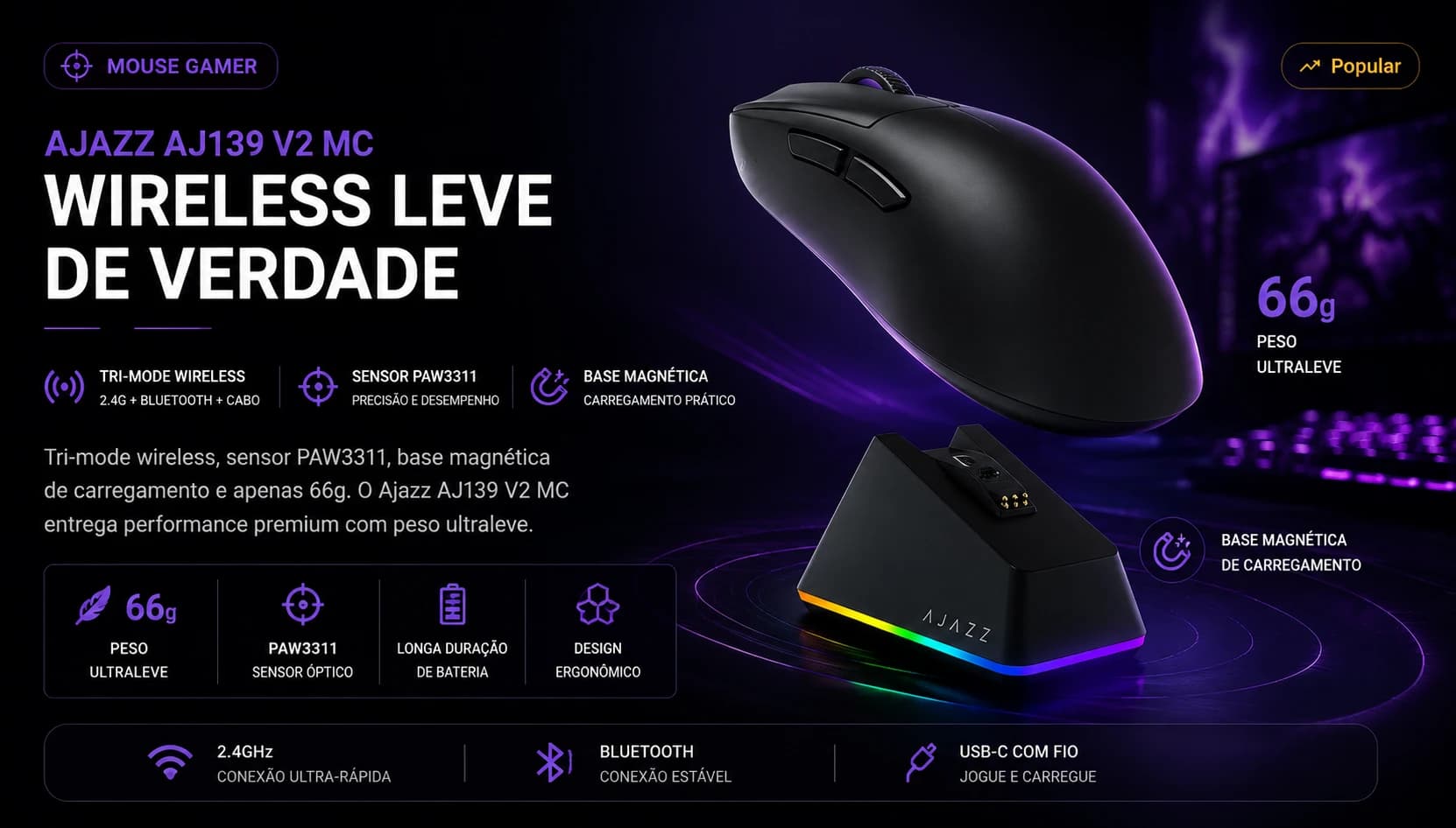 Ajazz AJ139 V2 R$197: Tri-Mode + Base Magnética + 66g Pelo Preço que G305 Só Dá o Básico