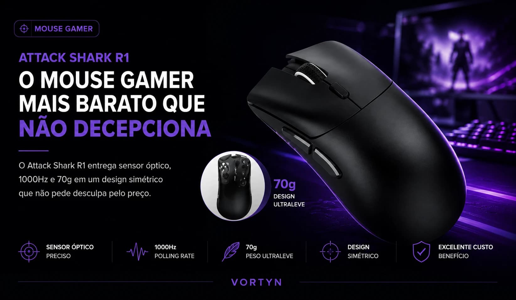 Attack Shark R1 R$124: Sensor 1000Hz e Cabo Trançado no Budget que Não Envergonha