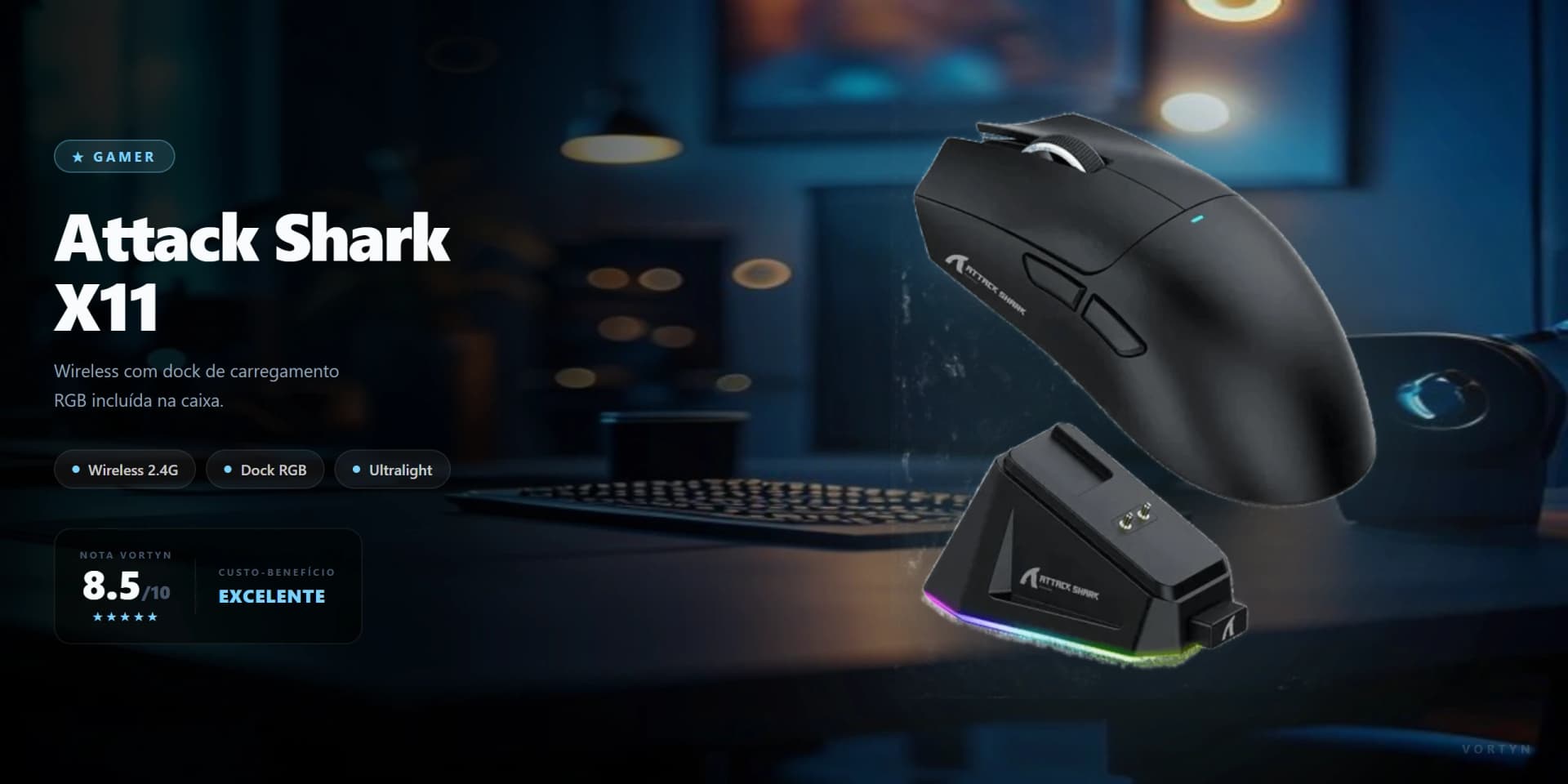 Attack Shark X11 — mouse wireless com dock de carregamento