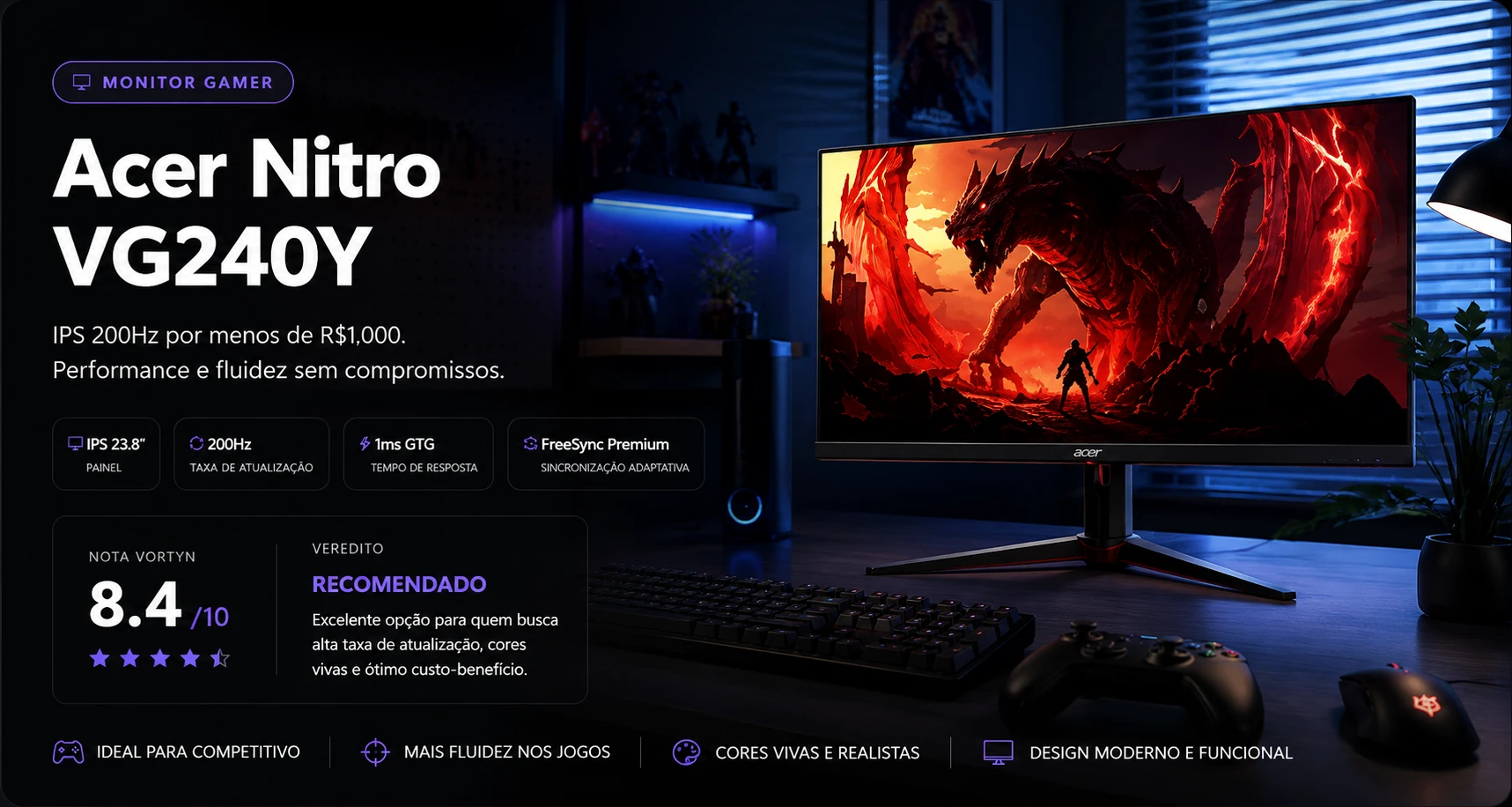 Acer Nitro VG240Y R$902: Dual HDMI + 200Hz para PC e Console Sem Desconectar Cabo