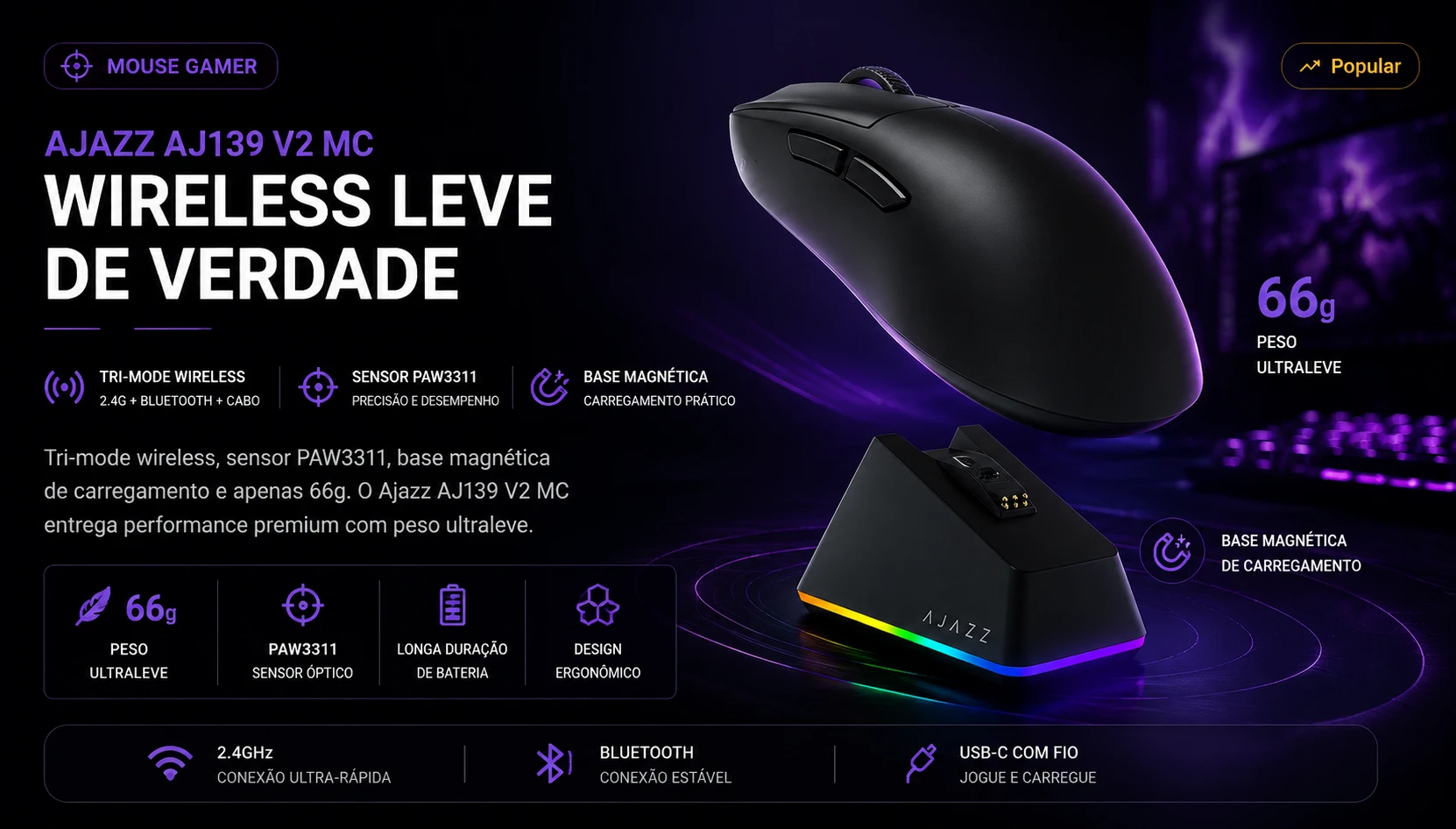 Ajazz AJ139 V2 R$197: Tri-Mode + Base Magnética + 66g Pelo Preço que G305 Só Dá o Básico