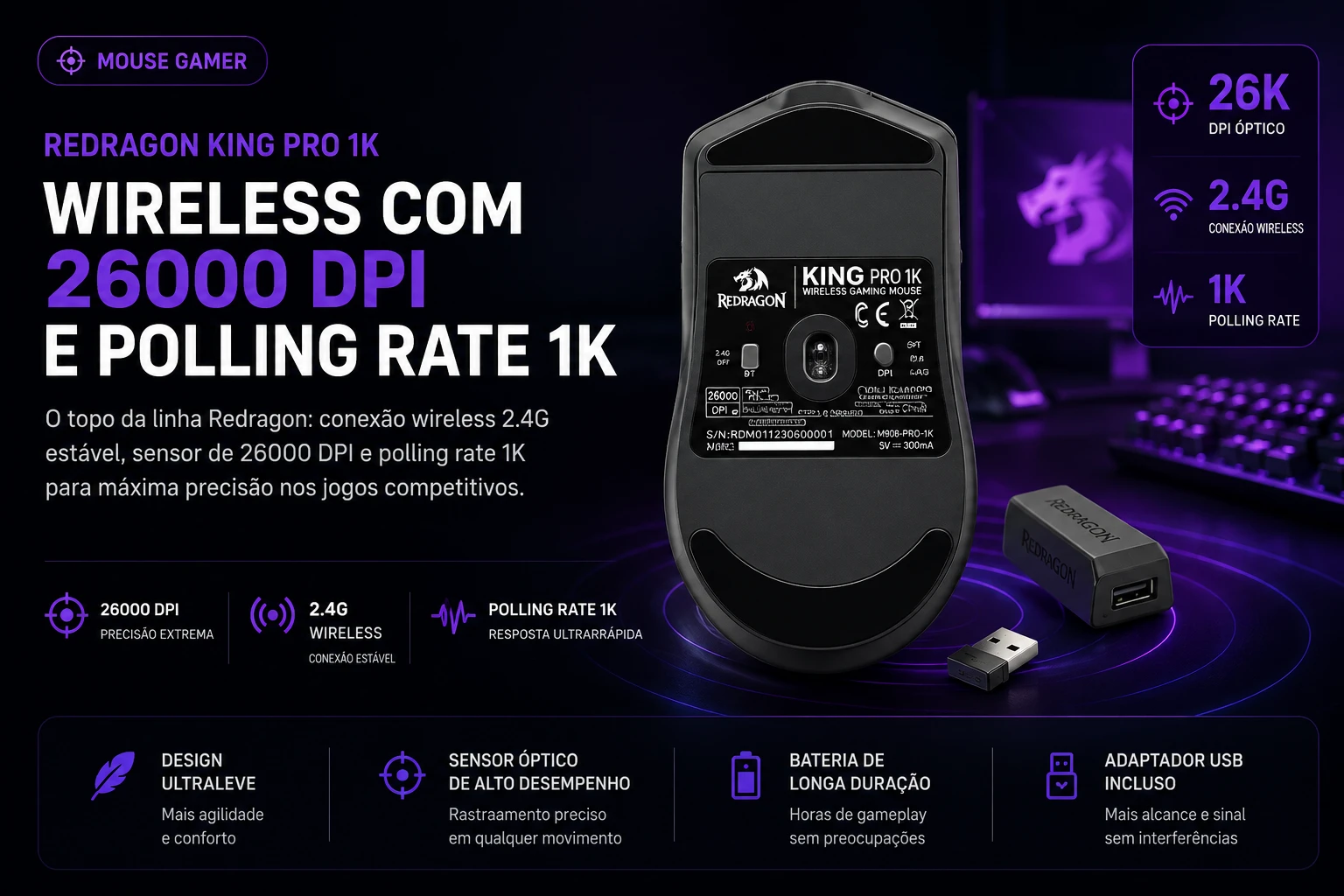 Redragon King Pro 1K R$192: Wireless 1000Hz + RGB Multi-Zona no Budget que G305 Não Alcança