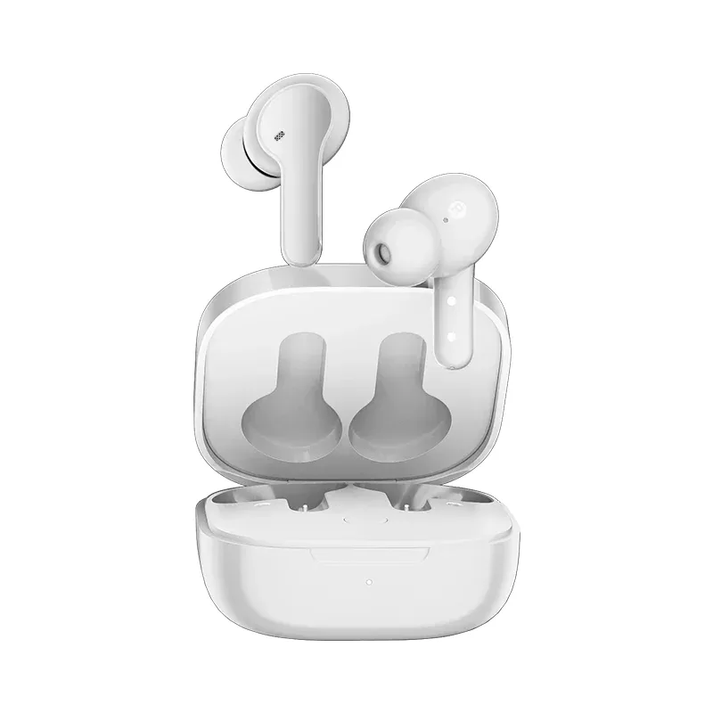 QCY T13 com o case aberto e os fones brancos encaixados