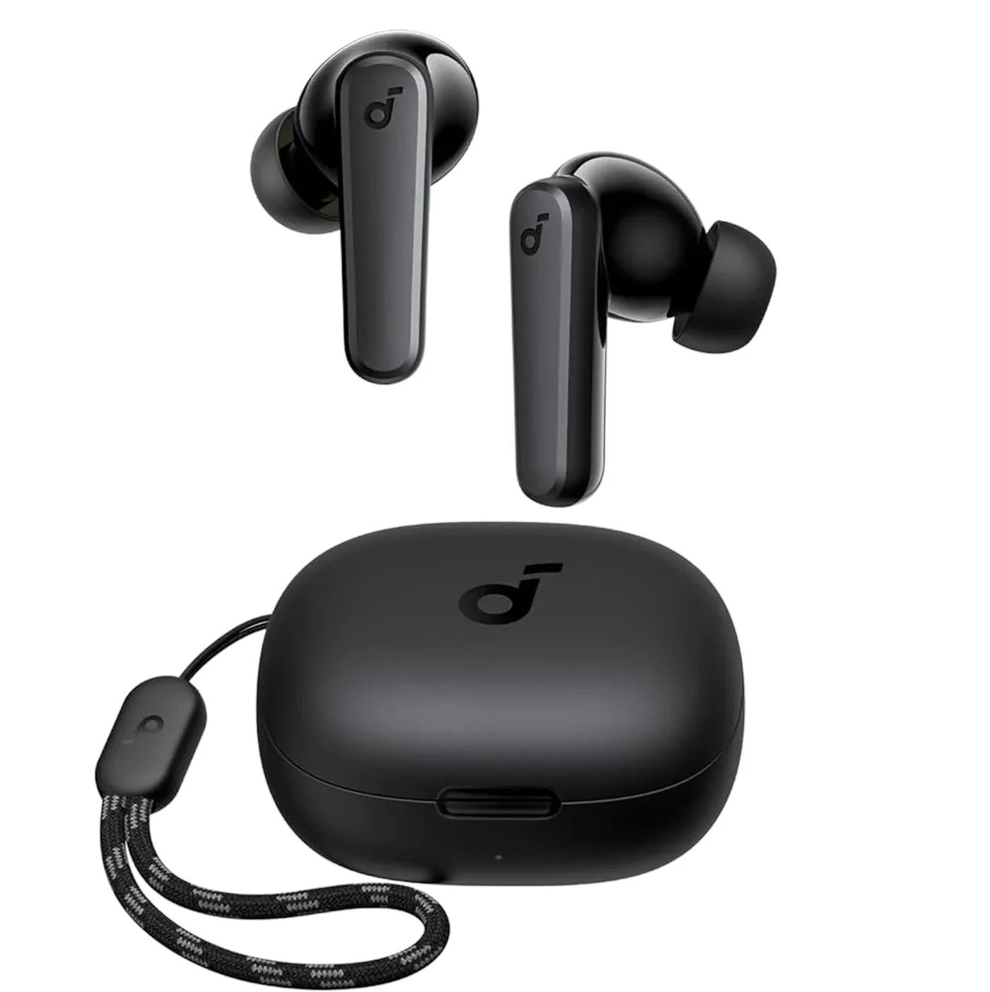 Fones Soundcore P20i flutuando ao lado do case aberto