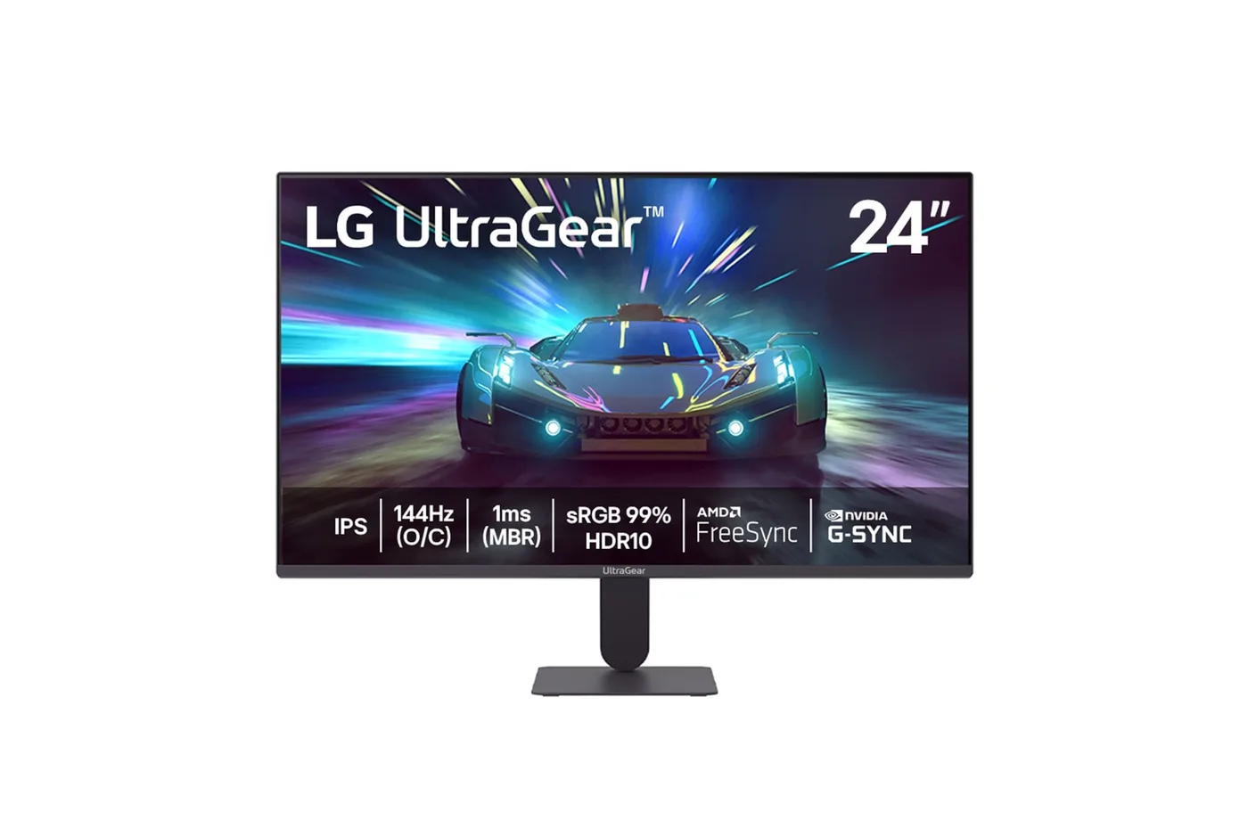 LG UltraGear 24G411A-B visto de frente, tela exibindo wallpaper de demonstração
