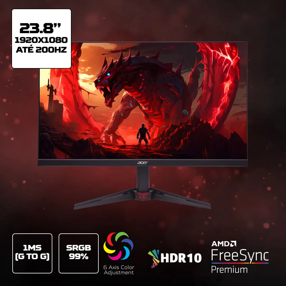 Monitor Acer Nitro VG240Y visto de frente, tela ligada