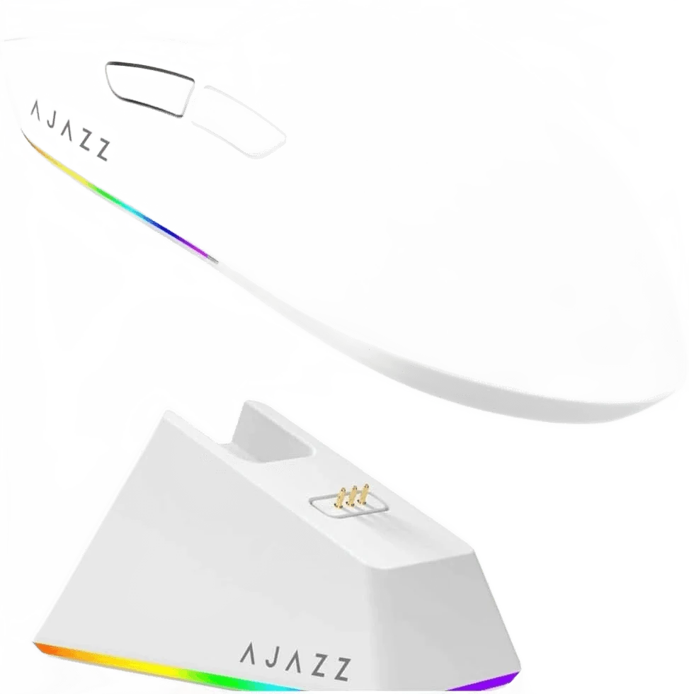 Ajazz AJ139 V2 na versão branca, com a base de carregamento também branca