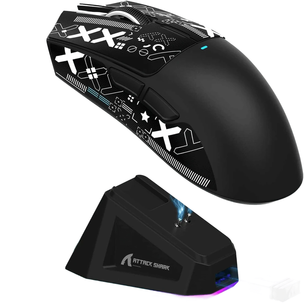 Attack Shark X11 na versão com estampa branca — padrão gráfico na lateral e parte superior