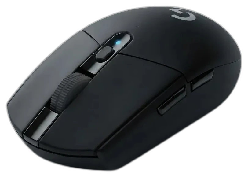 Logitech G305 em ângulo 3/4, mostrando scroll, botões laterais e o LED indicativo azul