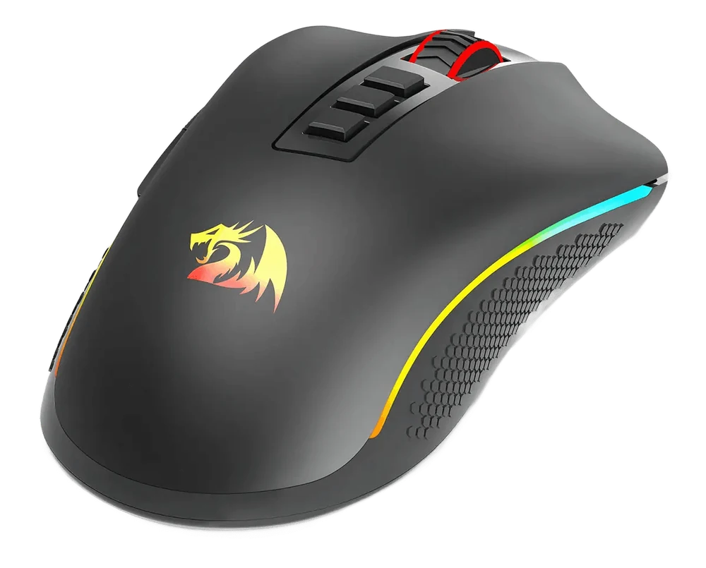 Redragon Cobra Pro visto de outro ângulo — logo RGB e textura emborrachada na lateral