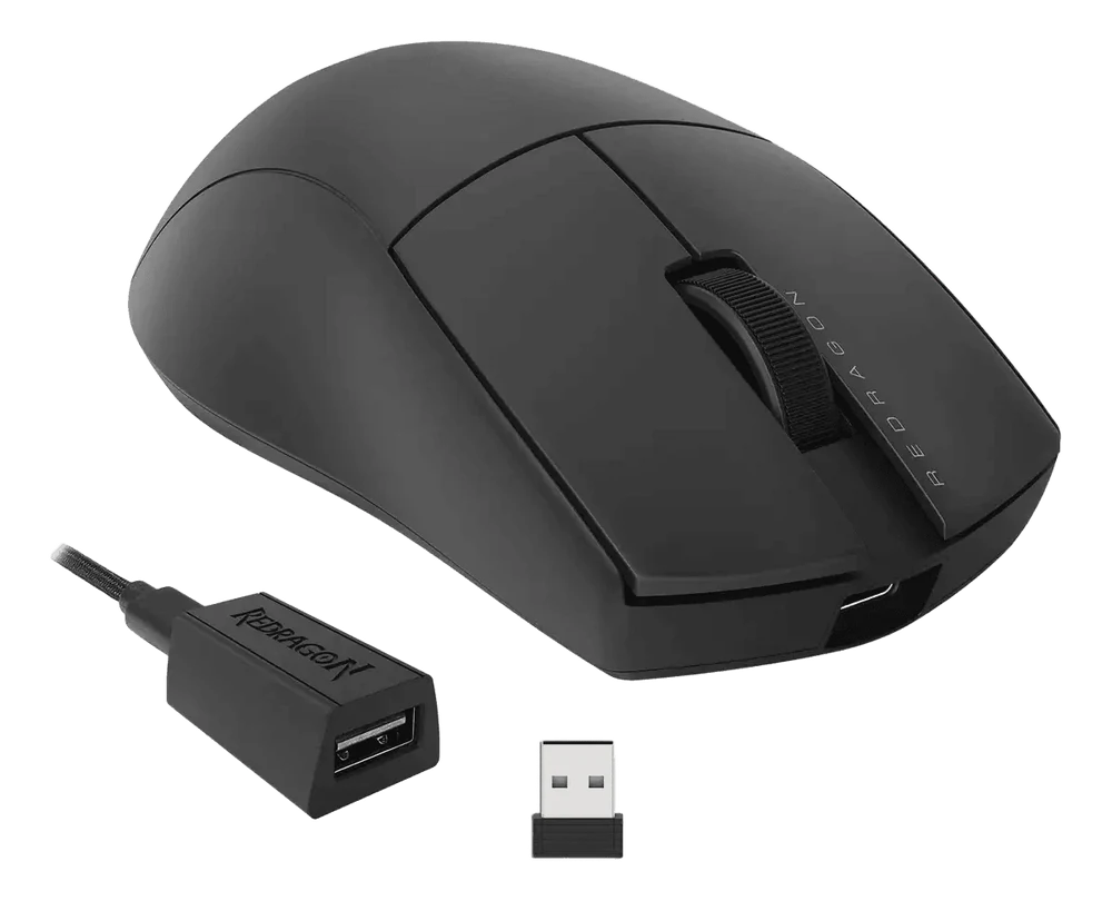 Redragon King Pro 1K em ângulo 3/4, com o dongle USB e o adaptador incluídos ao lado